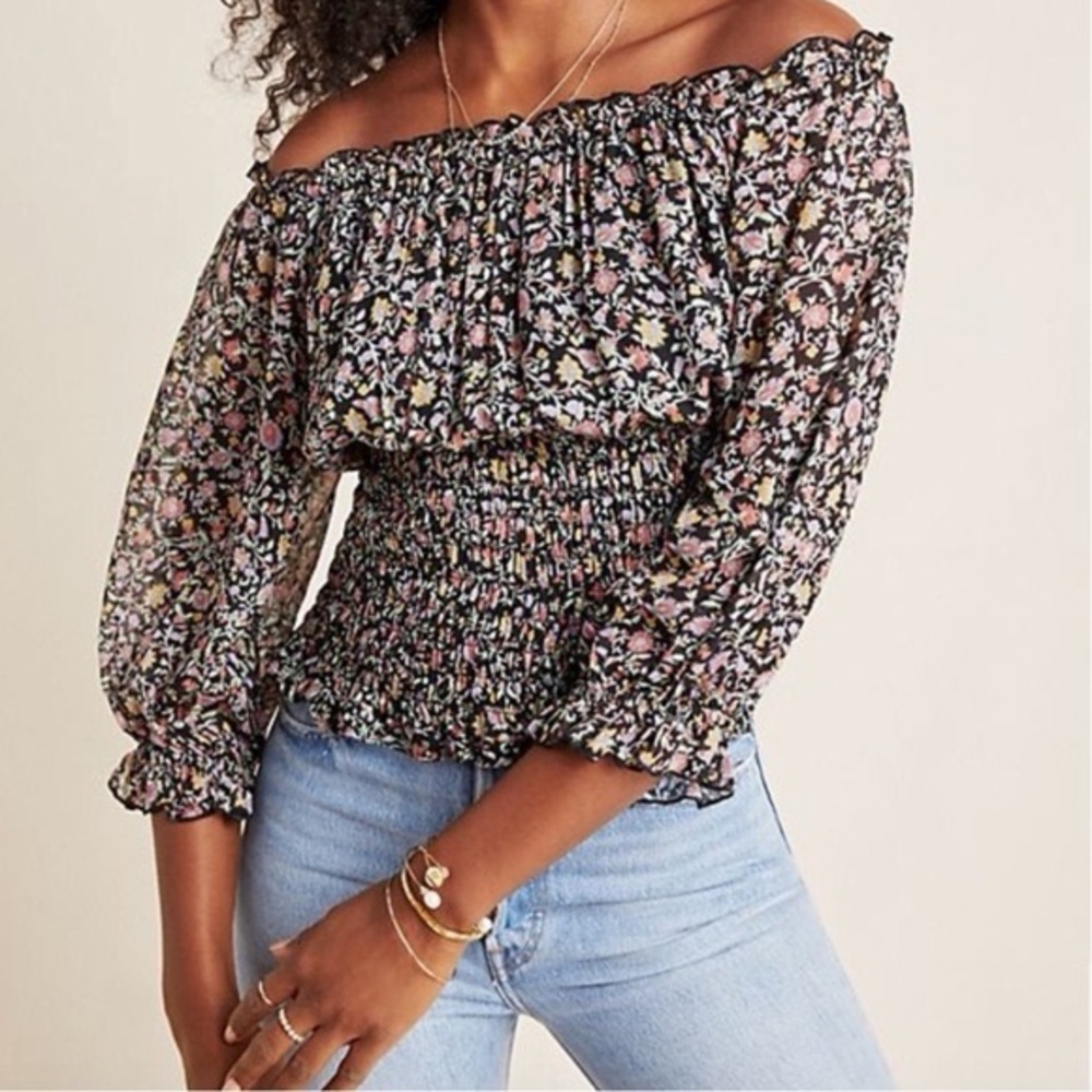 Anthropologie Black Floral Smocked Top Lucia Off Shoulder Blouse‎
